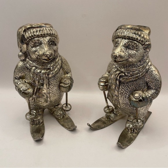 Towle Silversmiths Silverplated Towler Skiing Bear Candleholders - Picture 1 of 5